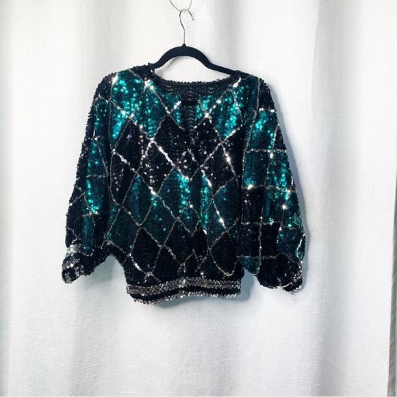 Vintage silk fully sequin beaded oversized long sleeves blouse size medium - Picture 2 of 4